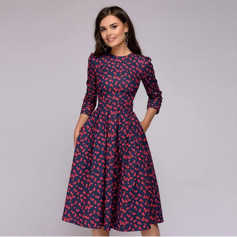 Amelia - Floral A-Line Midi Dress with 3/4 Sleeves and Pockets