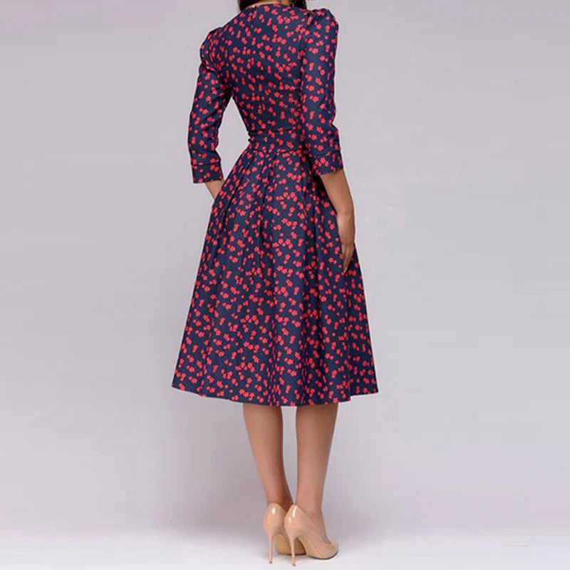 Amelia - Floral A-Line Midi Dress with 3/4 Sleeves and Pockets