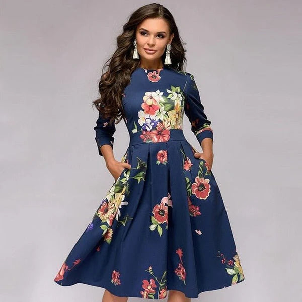Amelia - Floral A-Line Midi Dress with 3/4 Sleeves and Pockets