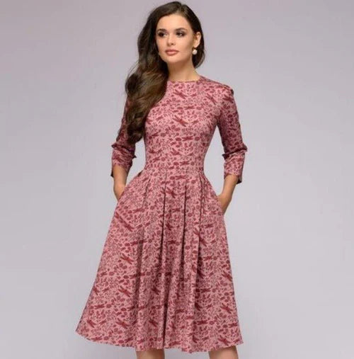 Amelia - Floral A-Line Midi Dress with 3/4 Sleeves and Pockets