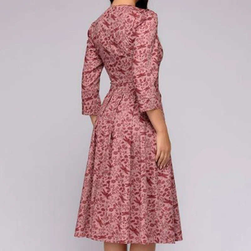 Amelia - Floral A-Line Midi Dress with 3/4 Sleeves and Pockets