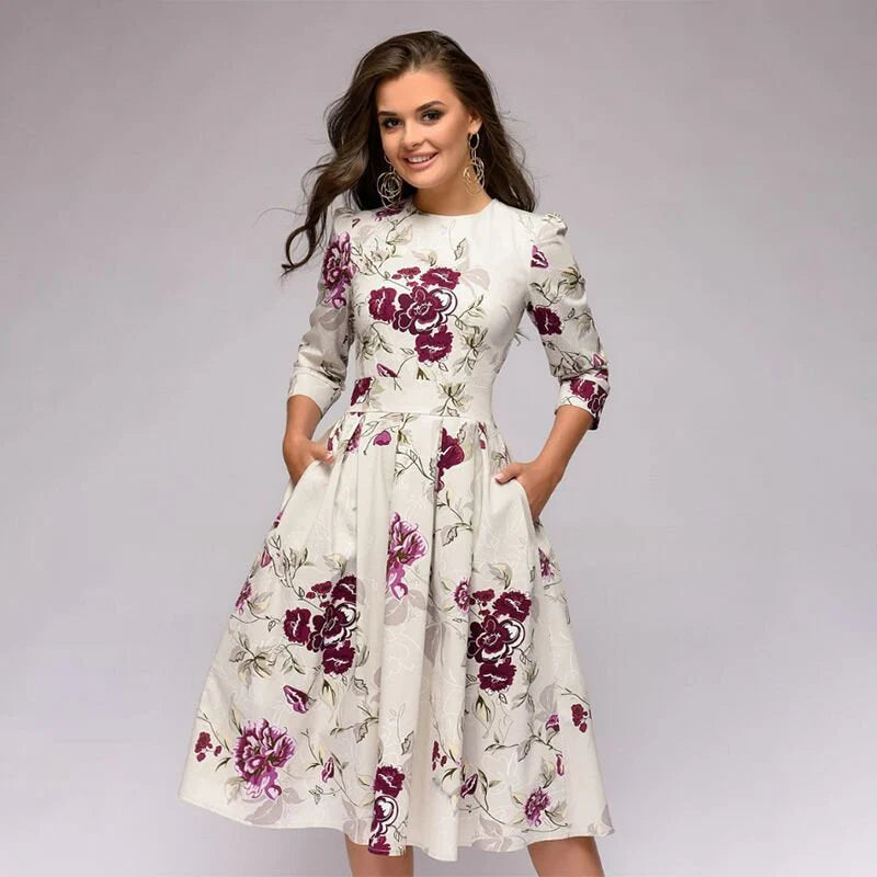 Amelia - Floral A-Line Midi Dress with 3/4 Sleeves and Pockets