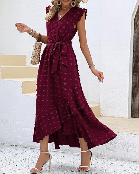Isla – Ruffle Wrap Maxi Dress with Textured Dot Pattern and Sleeveless Fit