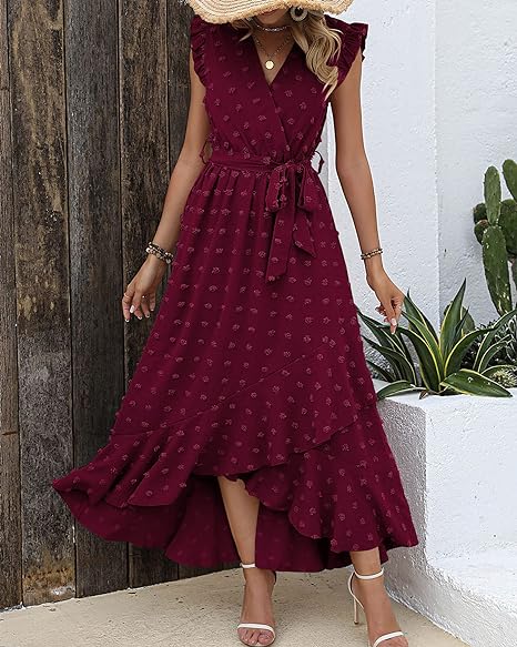 Isla – Ruffle Wrap Maxi Dress with Textured Dot Pattern and Sleeveless Fit