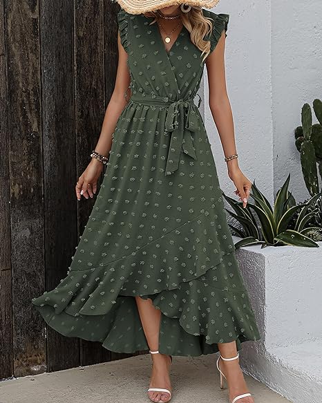 Isla – Ruffle Wrap Maxi Dress with Textured Dot Pattern and Sleeveless Fit