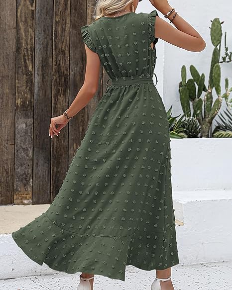 Isla – Ruffle Wrap Maxi Dress with Textured Dot Pattern and Sleeveless Fit