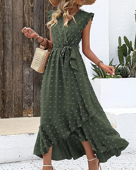 Isla – Ruffle Wrap Maxi Dress with Textured Dot Pattern and Sleeveless Fit
