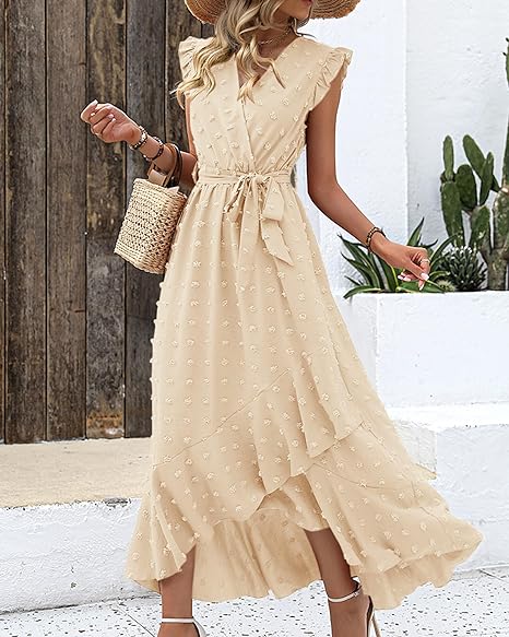 Isla – Ruffle Wrap Maxi Dress with Textured Dot Pattern and Sleeveless Fit