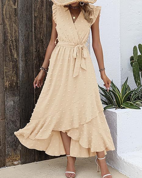 Isla – Ruffle Wrap Maxi Dress with Textured Dot Pattern and Sleeveless Fit