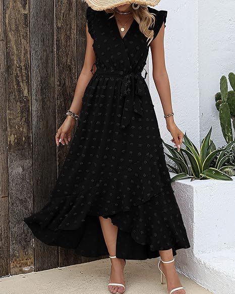 Isla – Ruffle Wrap Maxi Dress with Textured Dot Pattern and Sleeveless Fit
