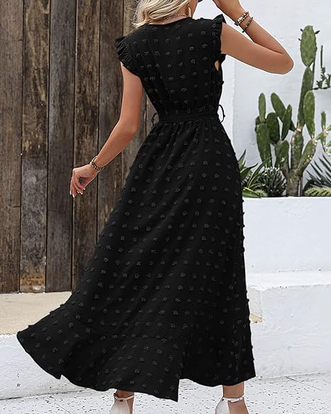 Isla – Ruffle Wrap Maxi Dress with Textured Dot Pattern and Sleeveless Fit