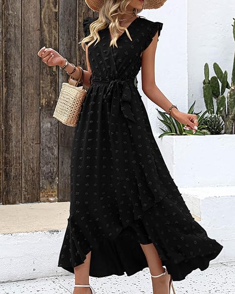 Isla – Ruffle Wrap Maxi Dress with Textured Dot Pattern and Sleeveless Fit
