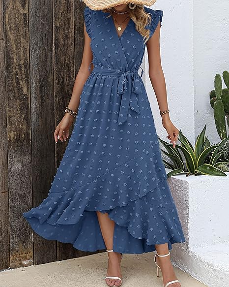 Isla – Ruffle Wrap Maxi Dress with Textured Dot Pattern and Sleeveless Fit