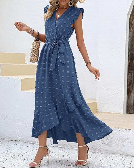 Isla – Ruffle Wrap Maxi Dress with Textured Dot Pattern and Sleeveless Fit