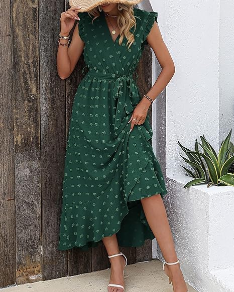 Isla – Ruffle Wrap Maxi Dress with Textured Dot Pattern and Sleeveless Fit