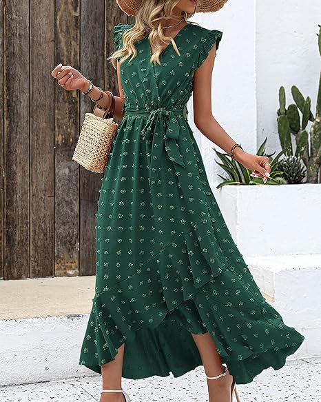 Isla – Ruffle Wrap Maxi Dress with Textured Dot Pattern and Sleeveless Fit