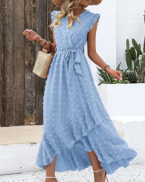 Isla – Ruffle Wrap Maxi Dress with Textured Dot Pattern and Sleeveless Fit