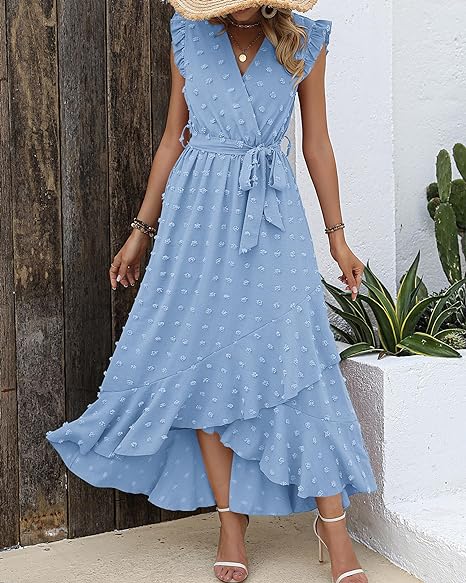 Isla – Ruffle Wrap Maxi Dress with Textured Dot Pattern and Sleeveless Fit