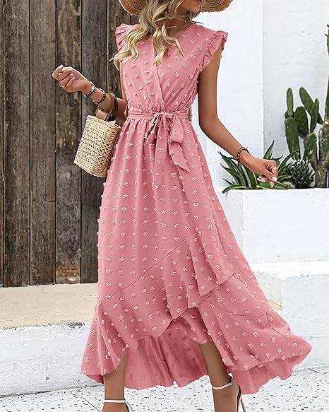 Isla – Ruffle Wrap Maxi Dress with Textured Dot Pattern and Sleeveless Fit