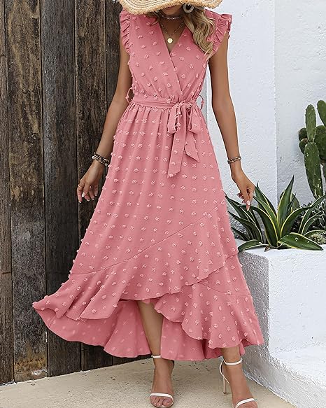 Isla – Ruffle Wrap Maxi Dress with Textured Dot Pattern and Sleeveless Fit
