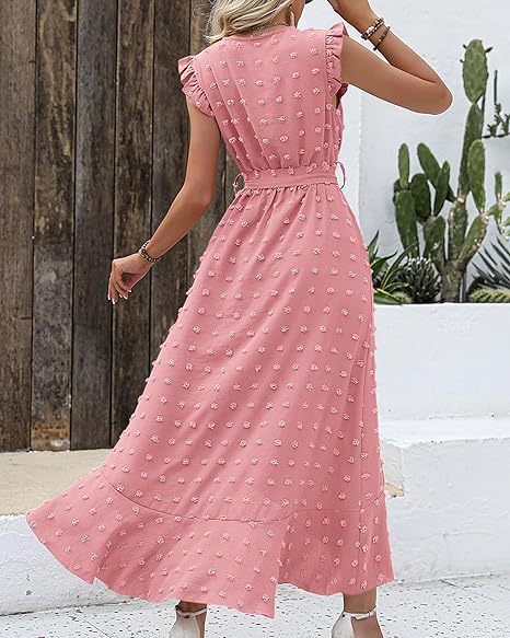 Isla – Ruffle Wrap Maxi Dress with Textured Dot Pattern and Sleeveless Fit