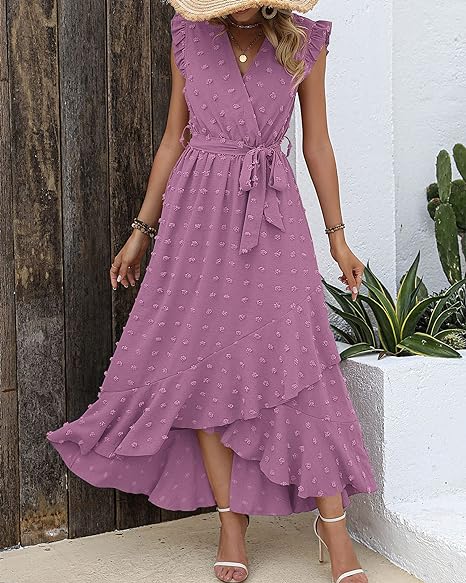 Isla – Ruffle Wrap Maxi Dress with Textured Dot Pattern and Sleeveless Fit