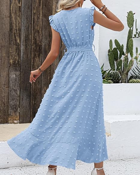 Isla – Ruffle Wrap Maxi Dress with Textured Dot Pattern and Sleeveless Fit