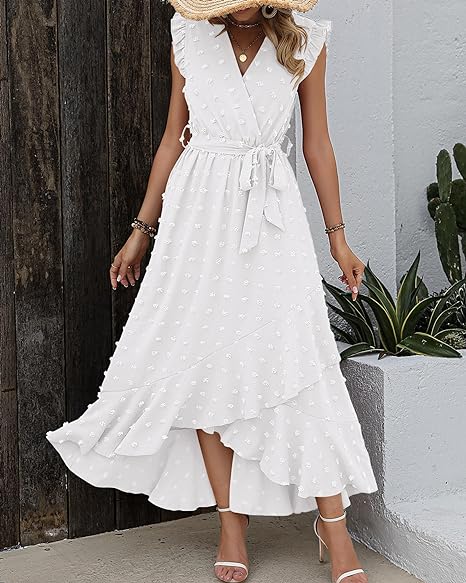 Isla – Ruffle Wrap Maxi Dress with Textured Dot Pattern and Sleeveless Fit