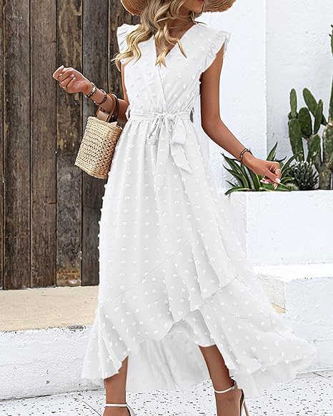 Isla – Ruffle Wrap Maxi Dress with Textured Dot Pattern and Sleeveless Fit