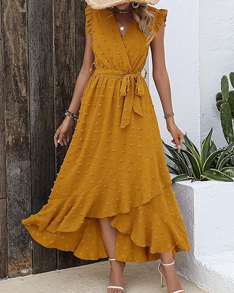 Isla – Ruffle Wrap Maxi Dress with Textured Dot Pattern and Sleeveless Fit