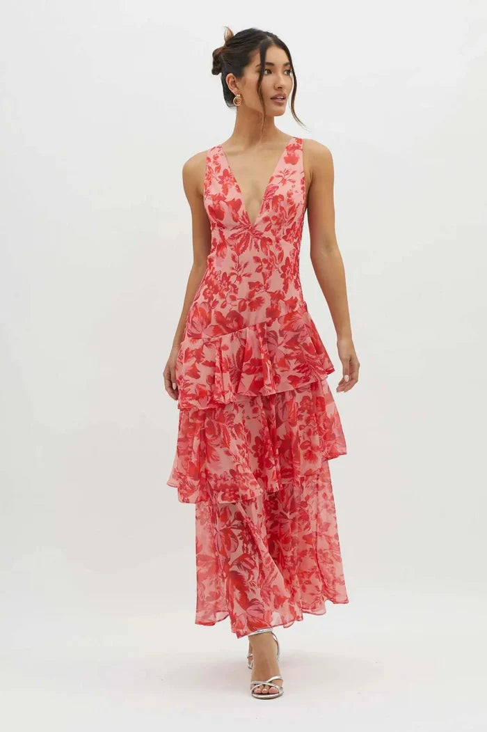 Selena - Tiered Maxi Dress with Deep V-Neck and Sheer Hem