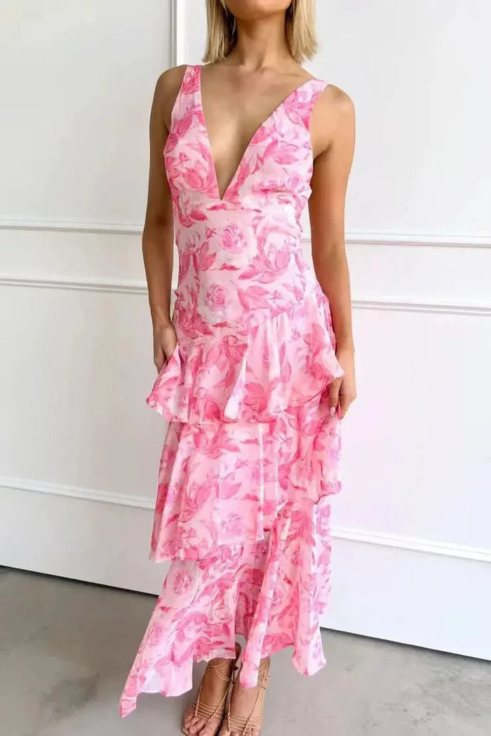 Selena - Tiered Maxi Dress with Deep V-Neck and Sheer Hem