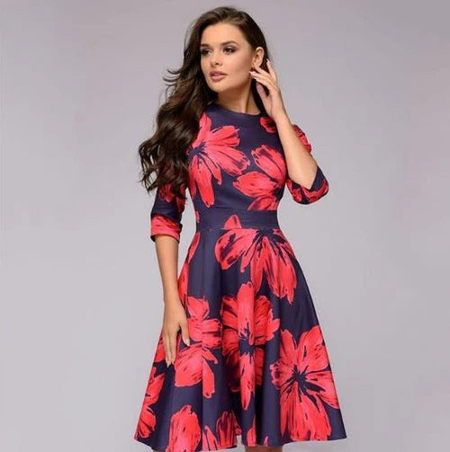 Amelia - Floral A-Line Midi Dress with 3/4 Sleeves and Pockets