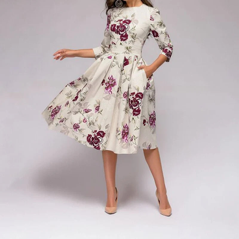 Amelia - Floral A-Line Midi Dress with 3/4 Sleeves and Pockets