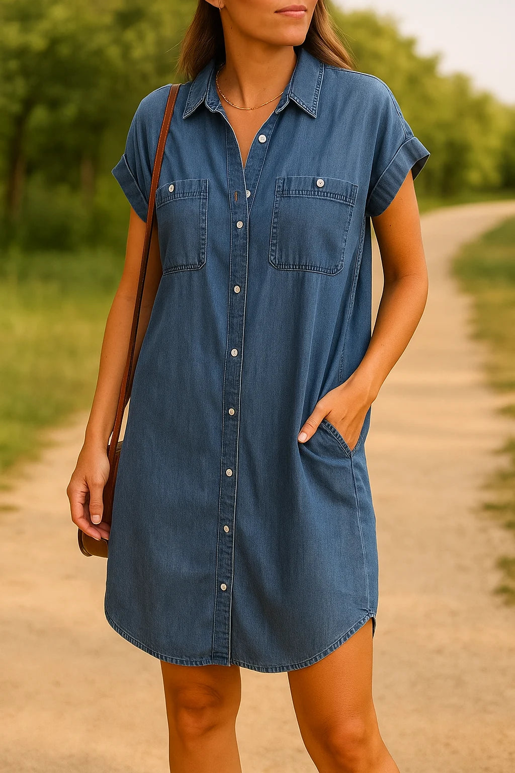 Ava – Denim Shirt Dress with Rolled Sleeves and Utility Pockets