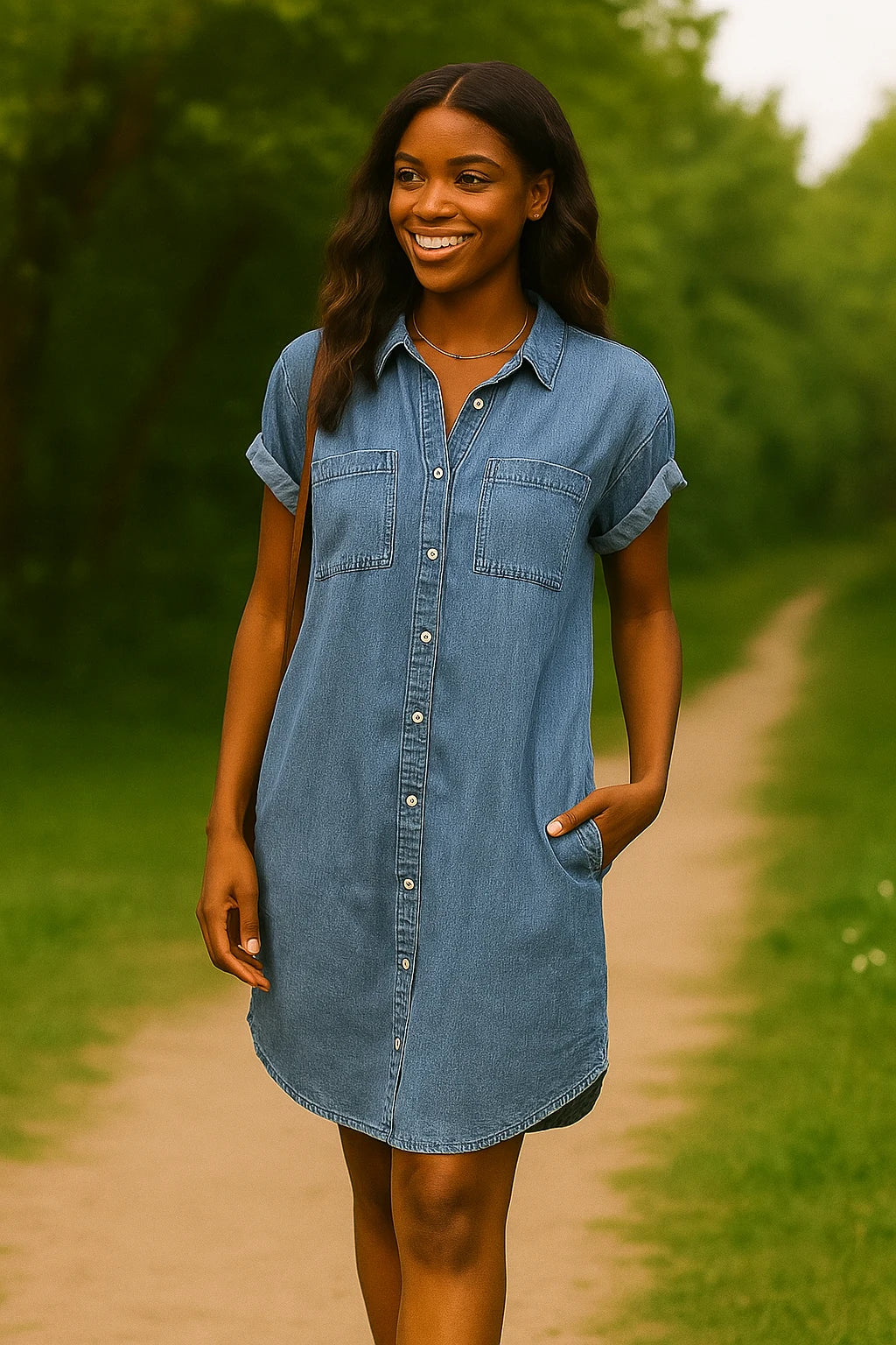 Ava – Denim Shirt Dress with Rolled Sleeves and Utility Pockets