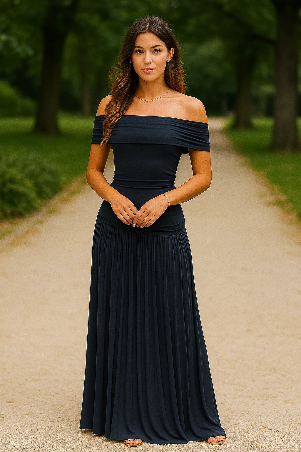 Celeste - Off-Shoulder Pleated Maxi Dress with Fitted Bodice