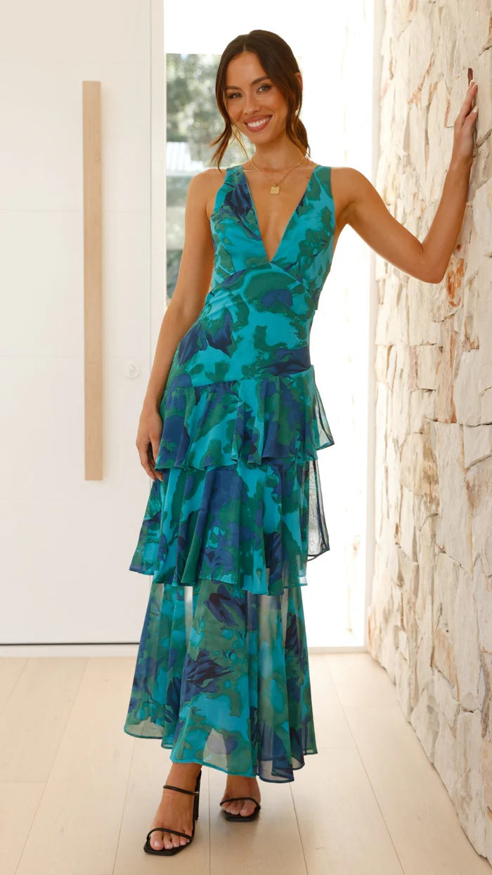 Selena - Tiered Maxi Dress with Deep V-Neck and Sheer Hem