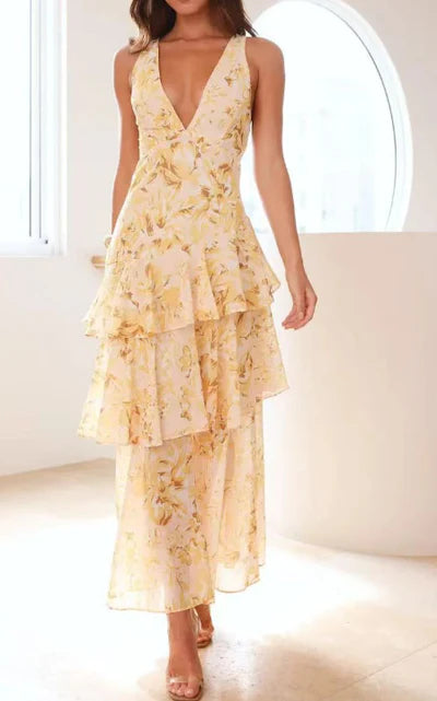 Selena - Tiered Maxi Dress with Deep V-Neck and Sheer Hem